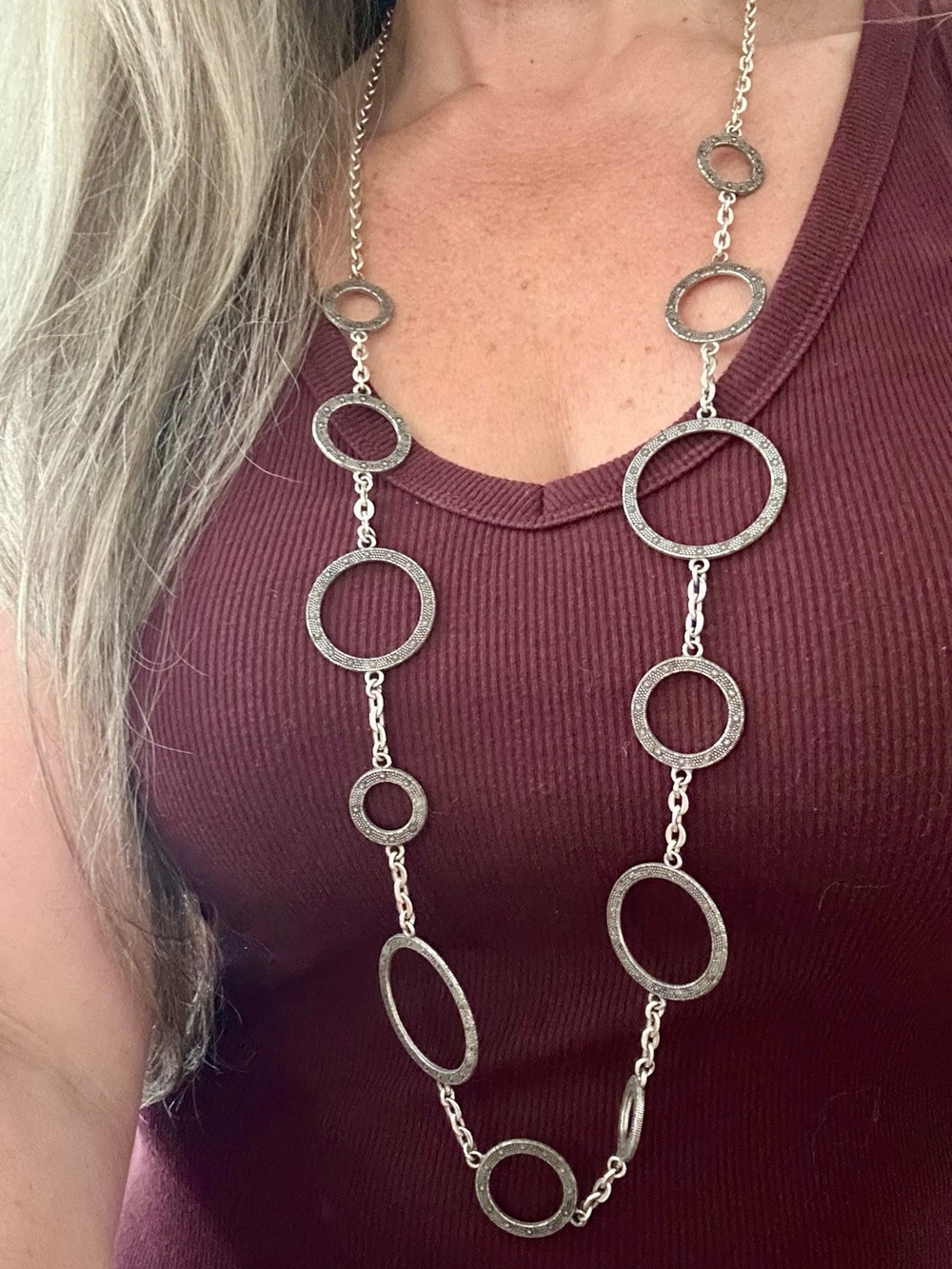 Brighton Textured Silver Open-Circle Long Necklace and Earrings Set